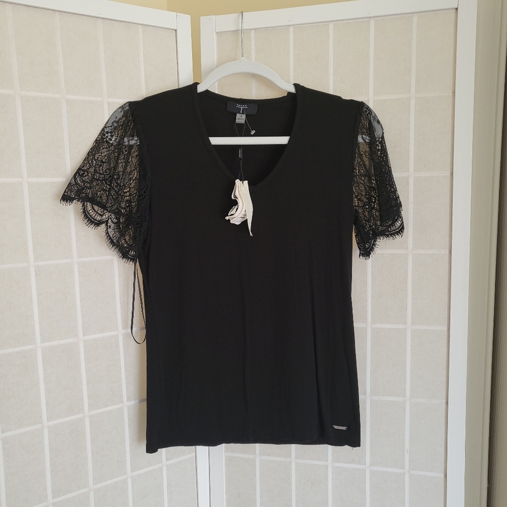 Tahari Black Lace Shortsleeve Top  NWT Sz XS